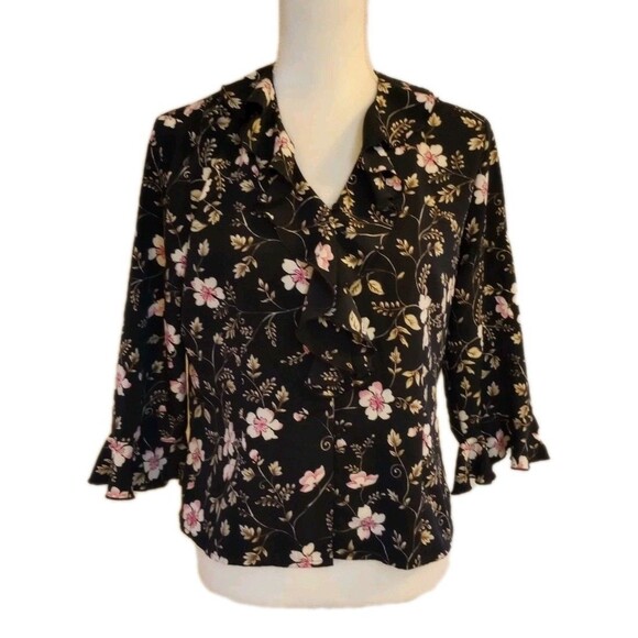 Y2K Ruffle Blouse Shirt 8P Black Floral Button Front Whimsigoth Cottagecore - Picture 2 of 10